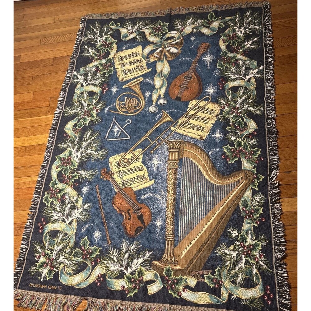 Vintage Crown Crafts VTG 44” X 64” Musical Christmas Needlepoint Fringed Blanket